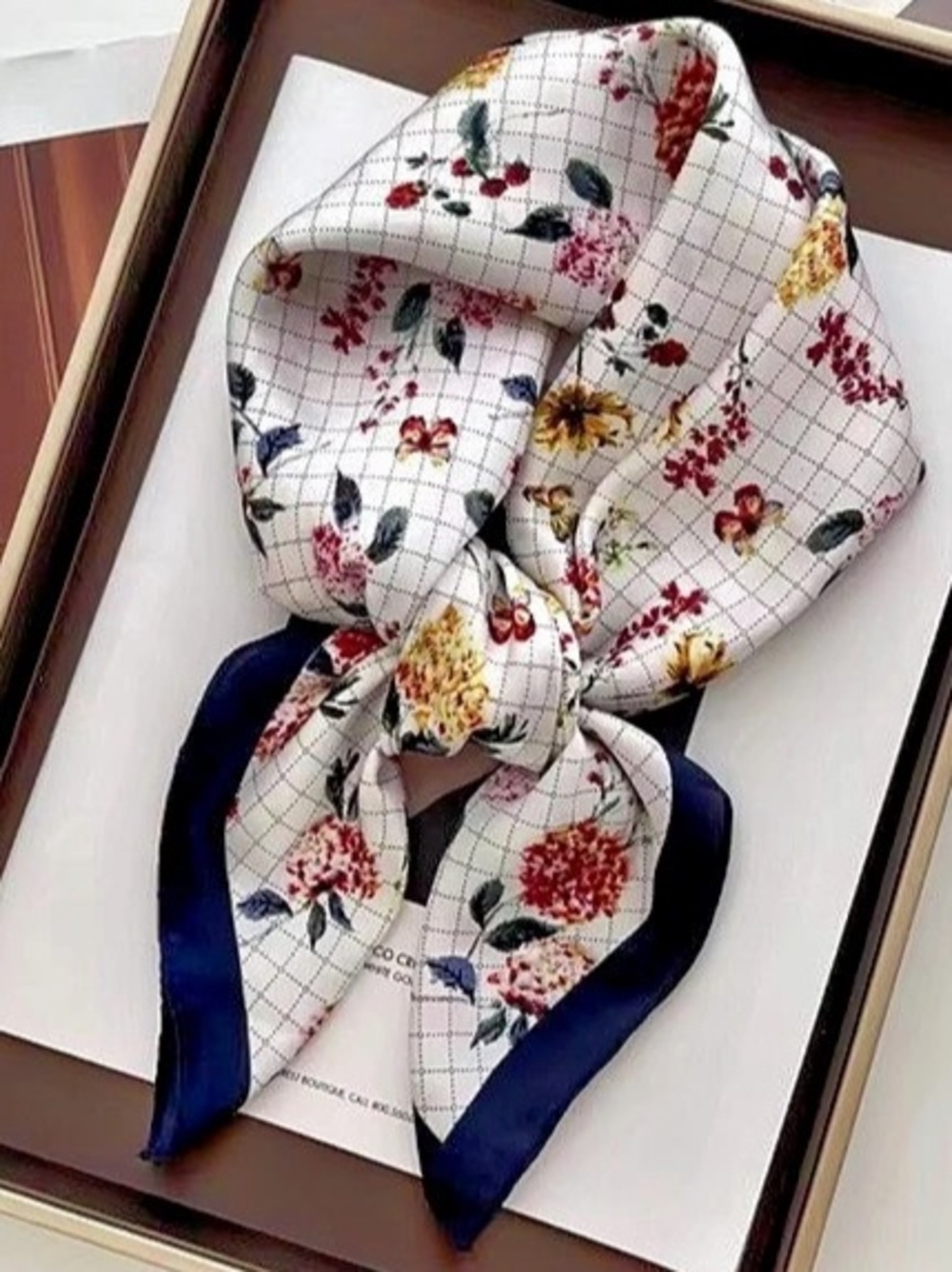 Floral Bow Scarf in White & Navy